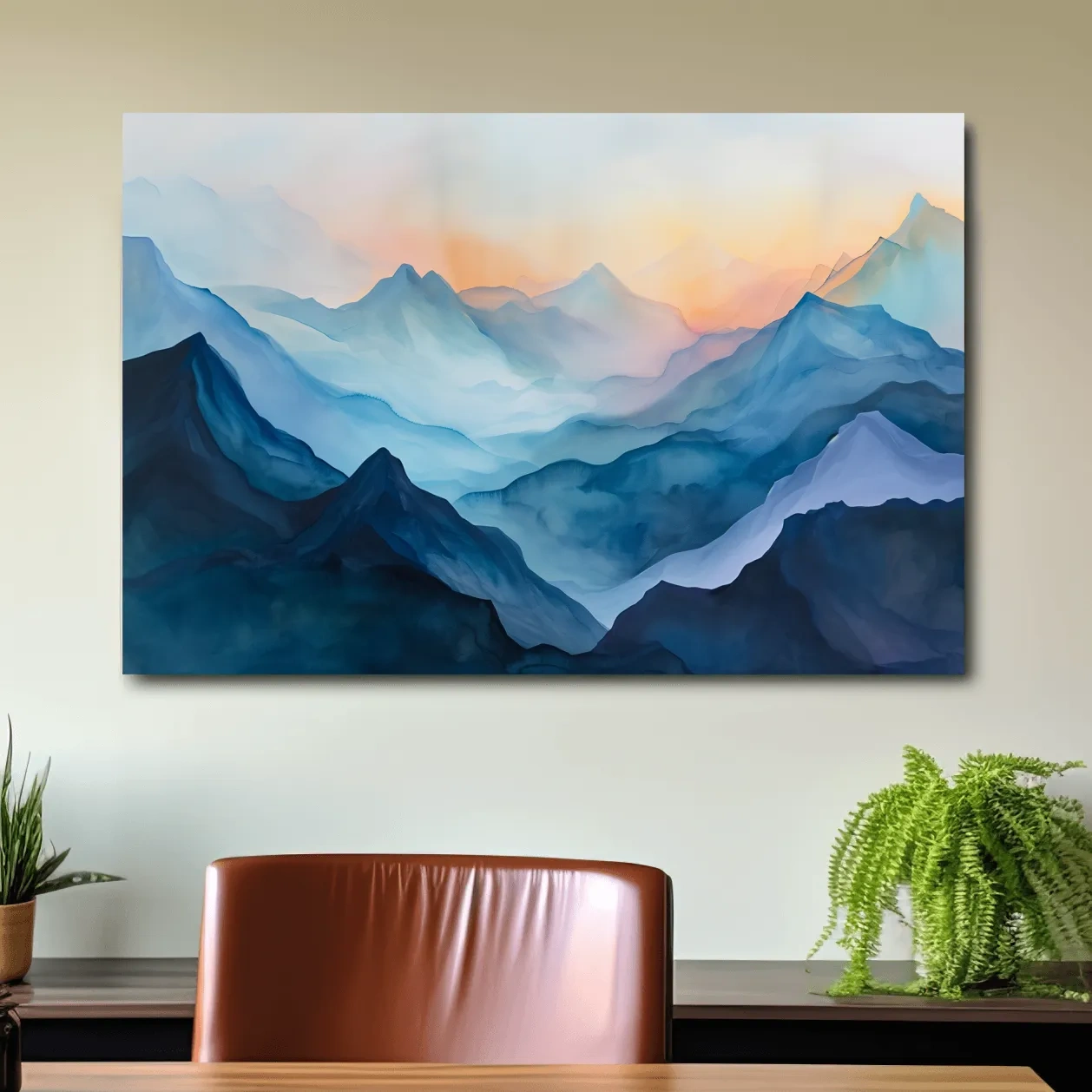 Abstract mountain painting, colourful mountain ranges at sunrise