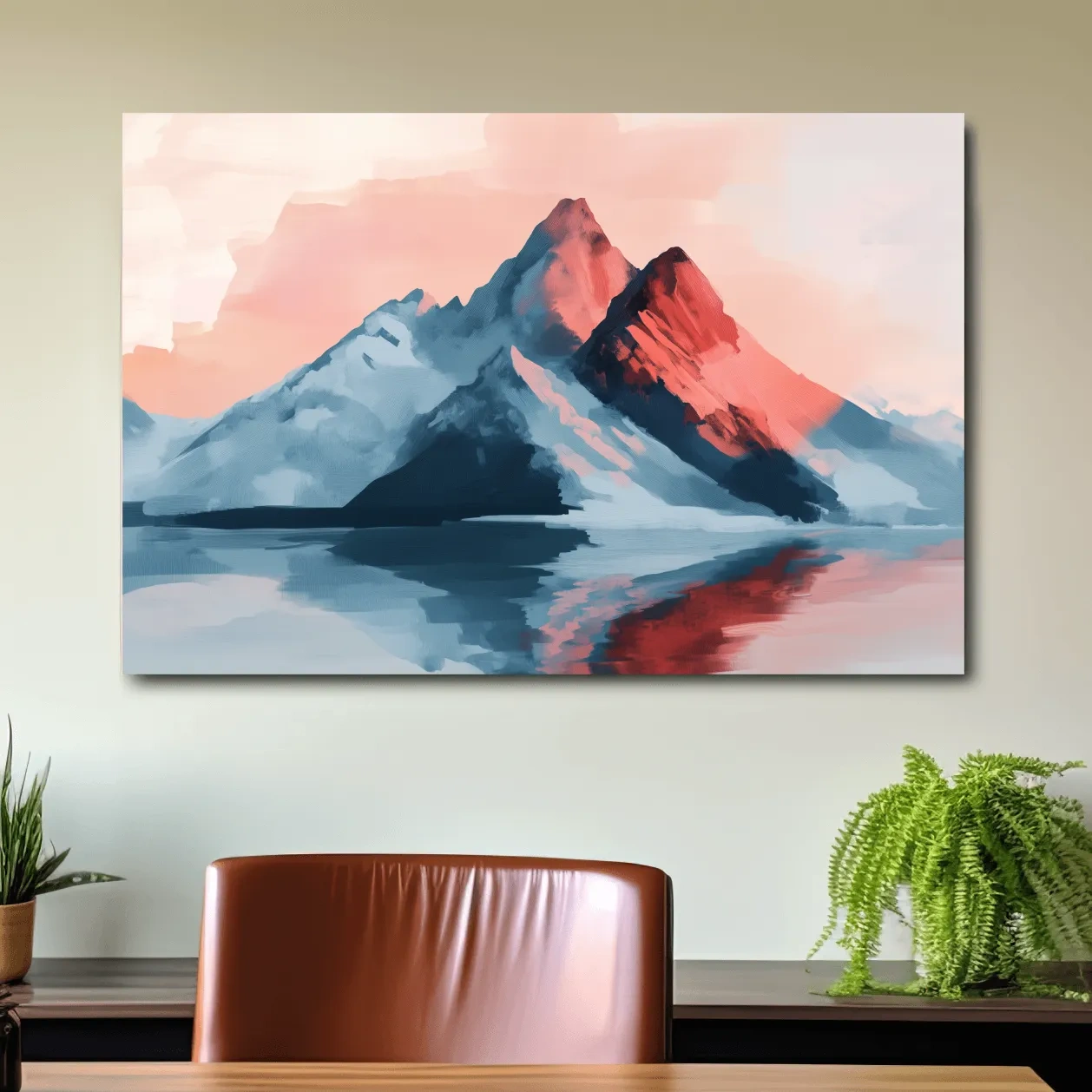 Pastel mountain painting at sunset, glacier reflecting on a lake