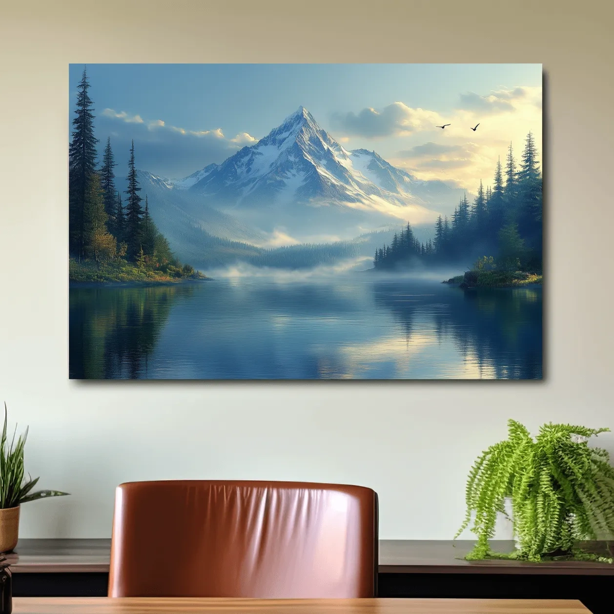 Misty Alpine Mountain Lake Sunset - Pine Forest Artwork