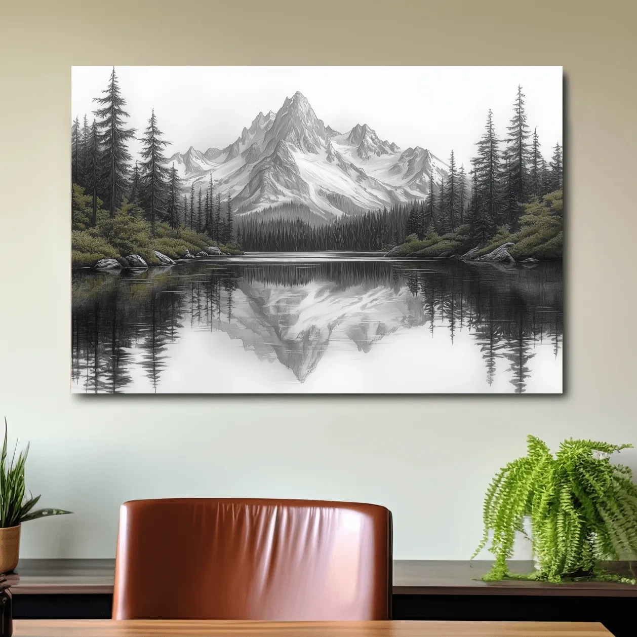 Alpine drawing artwork, lakeside forest under a glacier