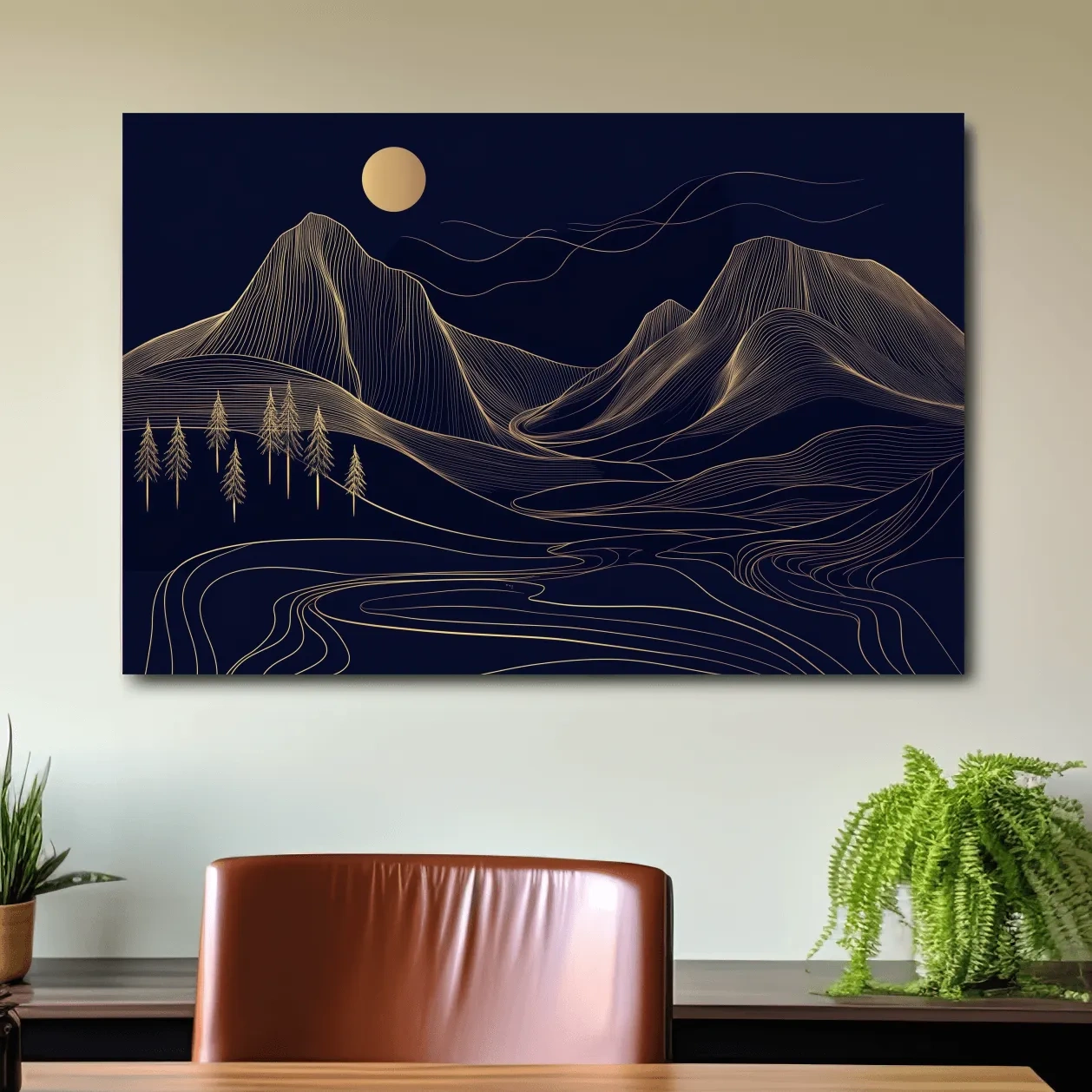 Elegant mountain wall art, gold contour line artwork style