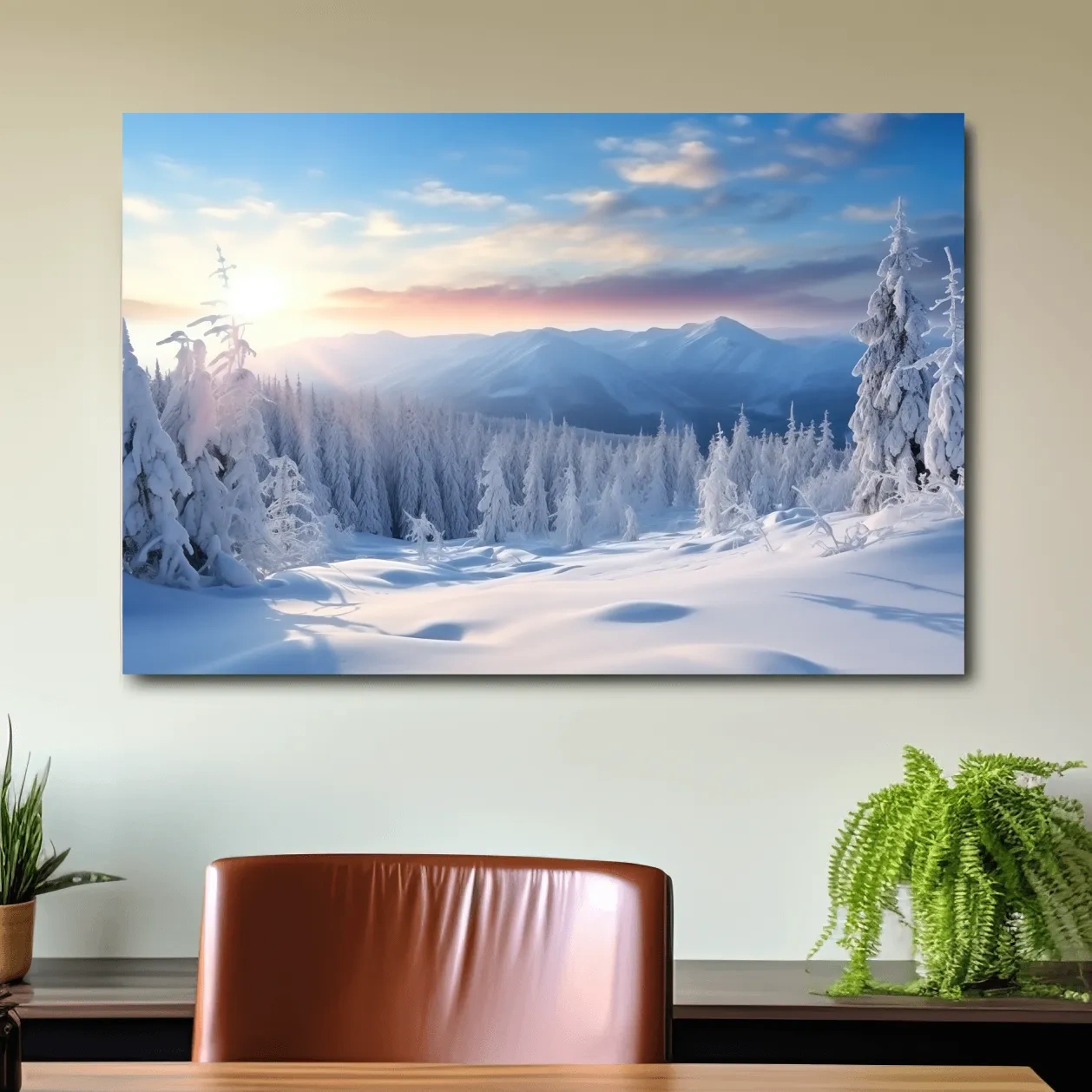 Snow covered alpine forest at sunset, photographic art