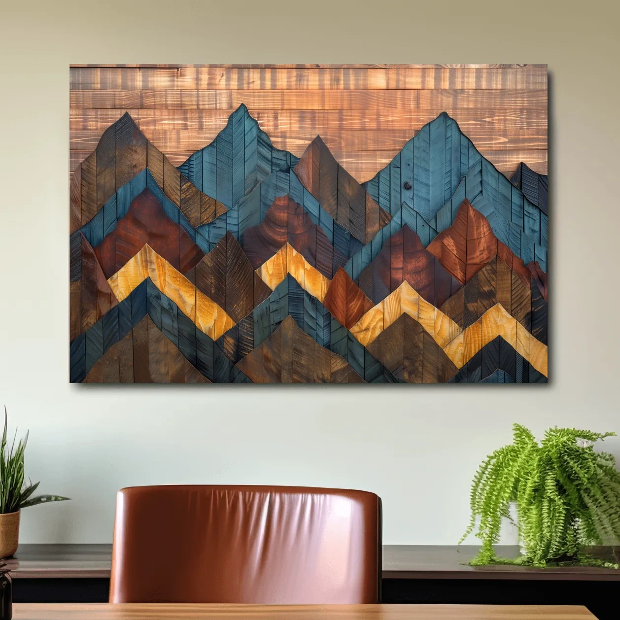 Rustic mountain wall art, 3D layered wood panel effect