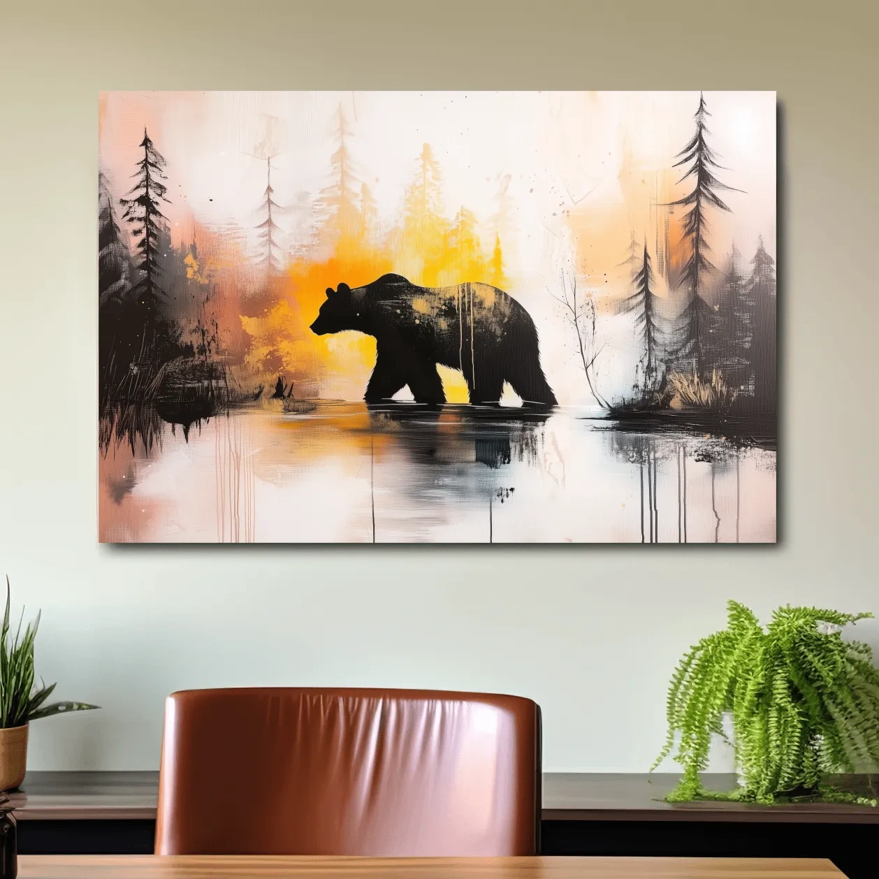 Abstract textured painting, colorful grizzly bear artwork