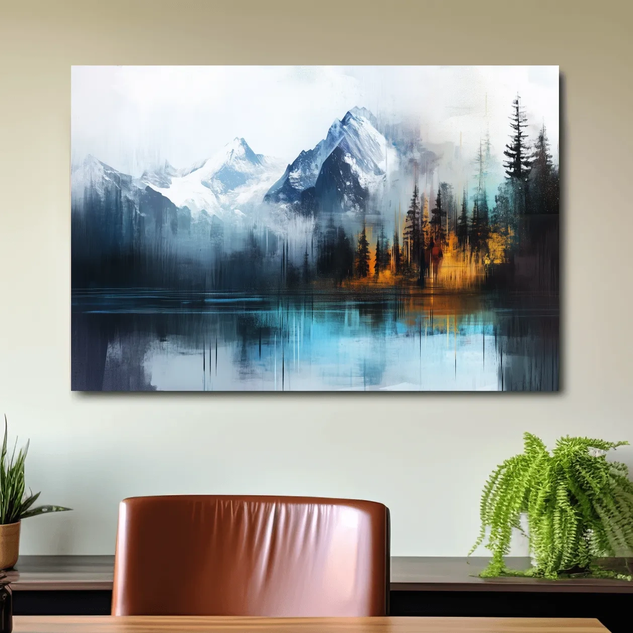 Abstract mountain painting wall art, glacier, lake and forest