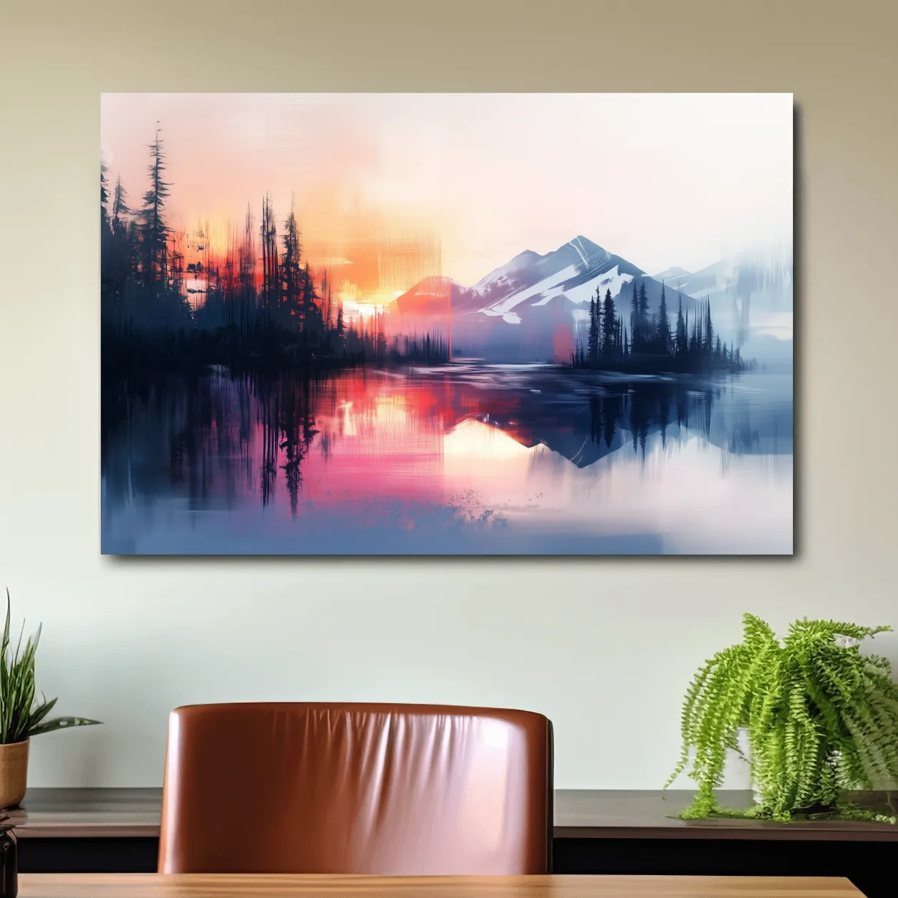 Vibrant Sunset Alpine Mountain Lake Reflection - Abstract Watercolor Forest Wall Art