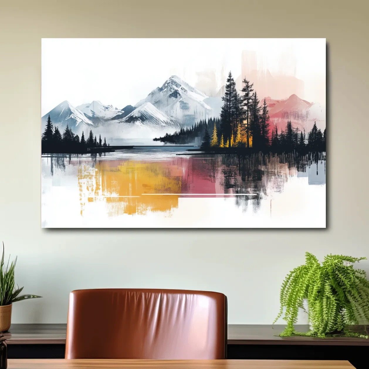 Colorful abstract mountain painting, glacial lake and forest wall art