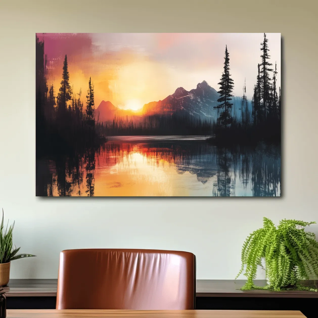 Abstract mountain art painting, sunset over a lake and forest