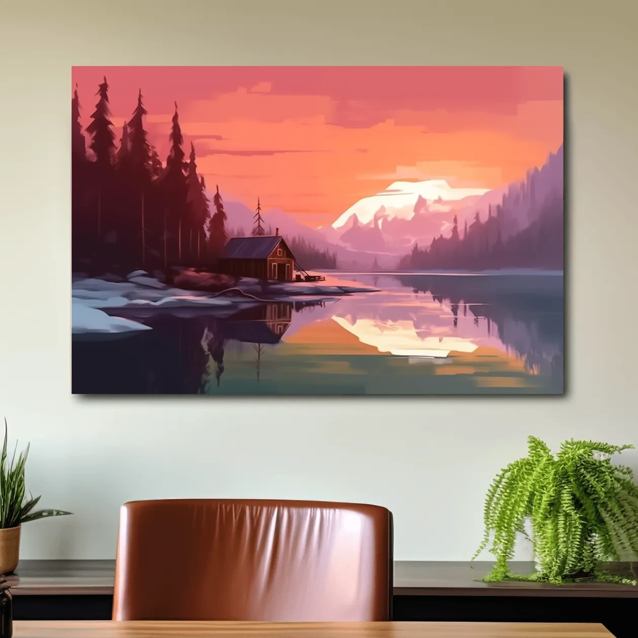 Mountain art painting, cabin by a lake at sunset