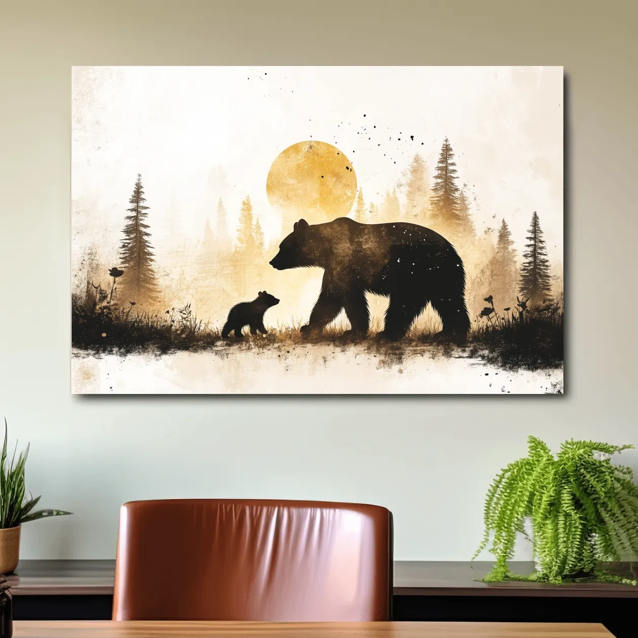Momma bear and her cub in the forest, textured illustration wall artwork