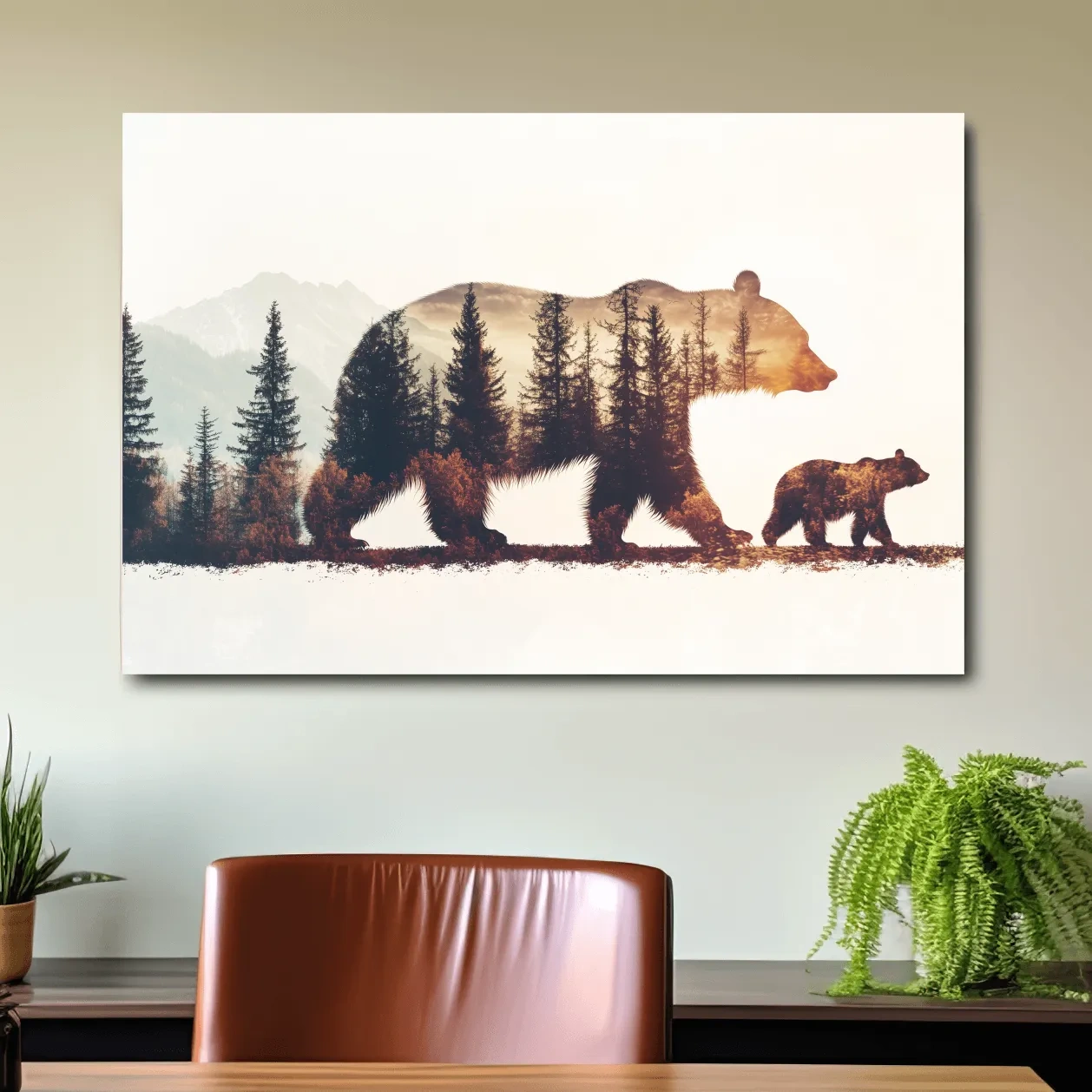 Rustic Double Exposure Bear Family - Sunset Forest Wildlife Wall Art