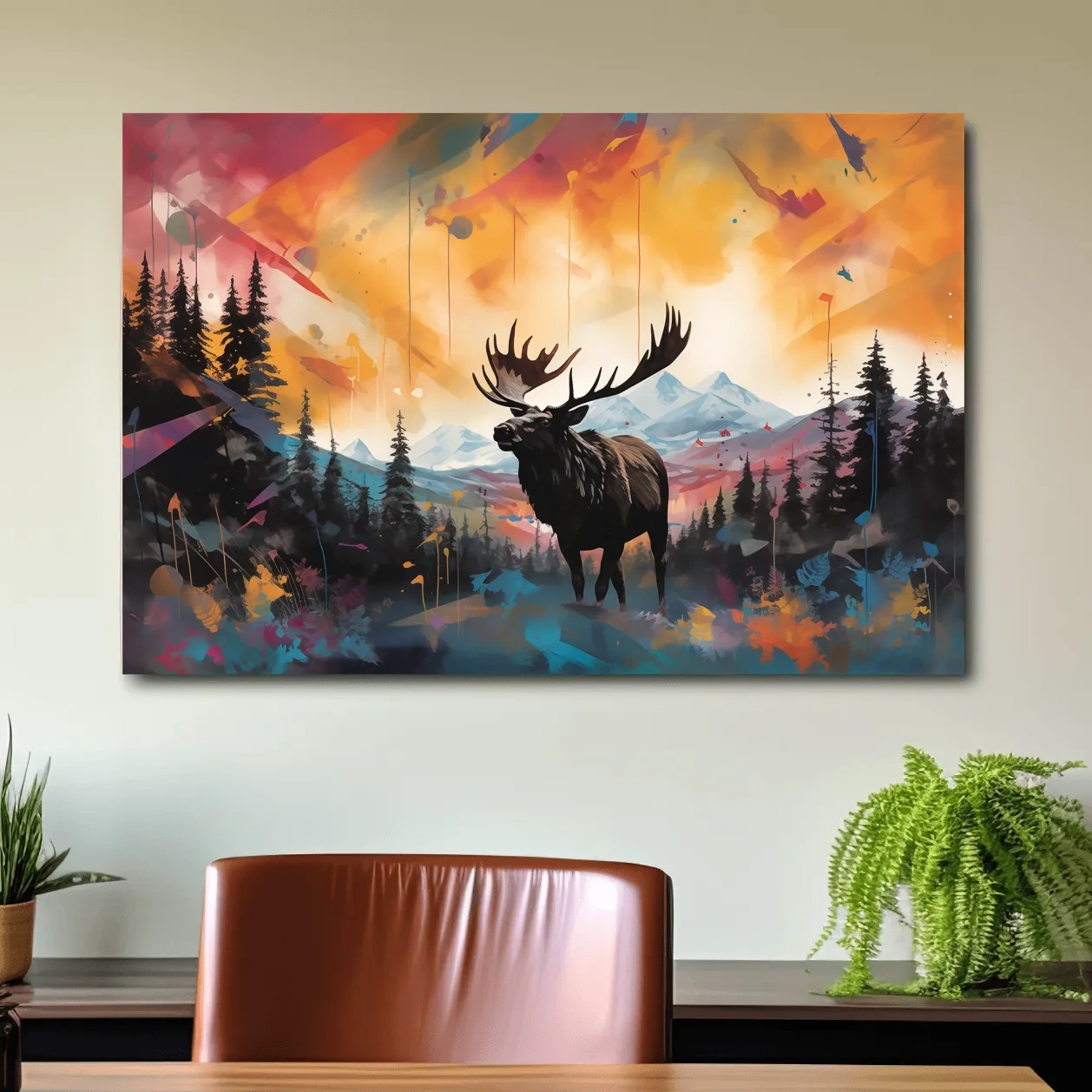 Abstract vibrant painting of a moose in forest scenery