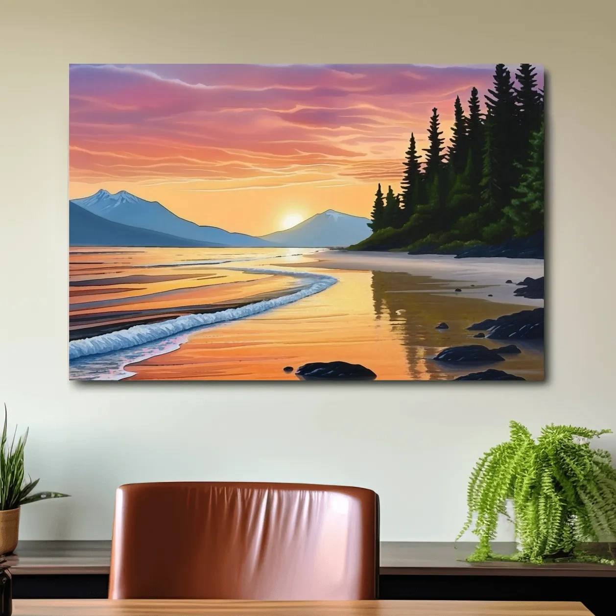 Pacific Northwest artwork, sunset over the beach painting