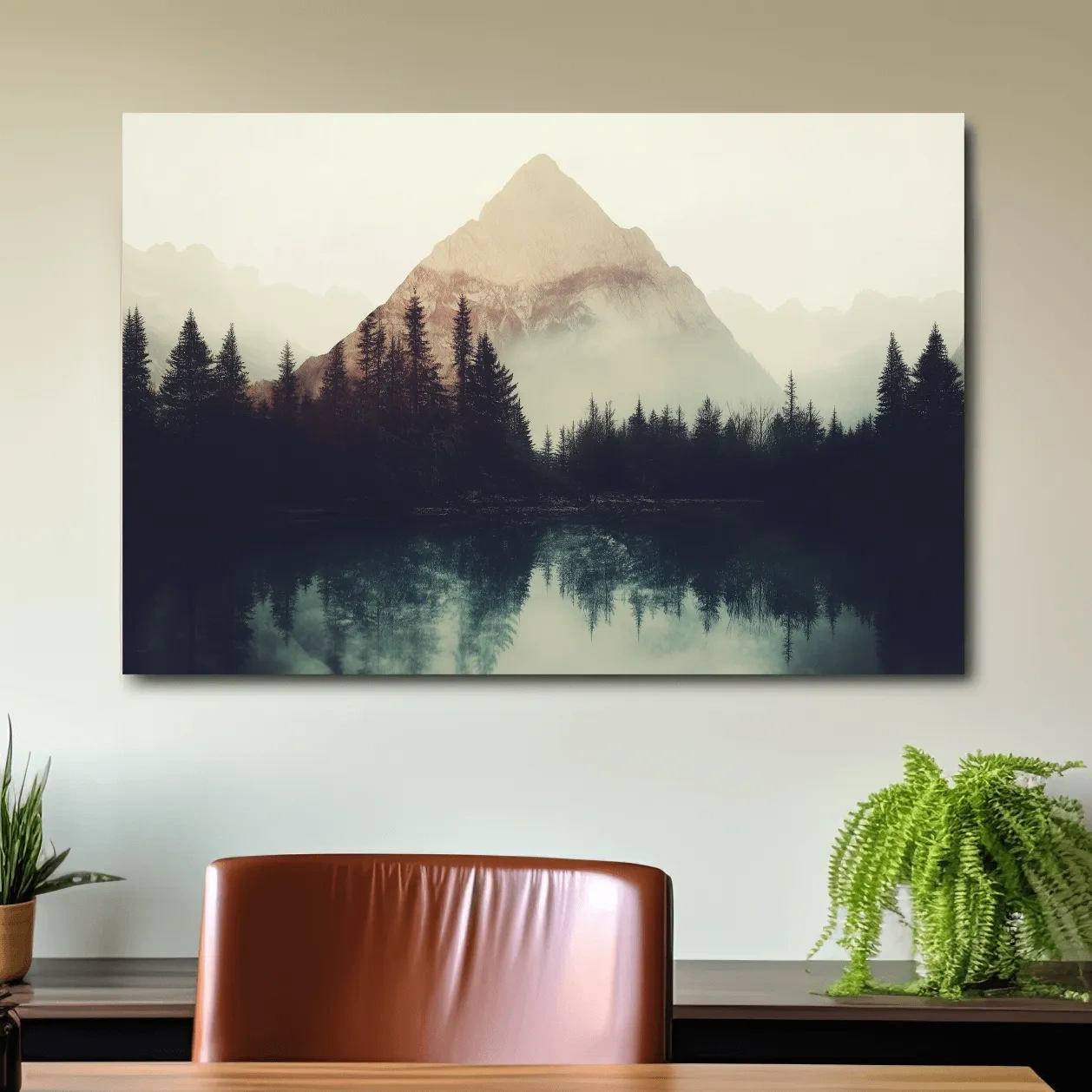 Mountain wall art, silhouetted forest on the lake