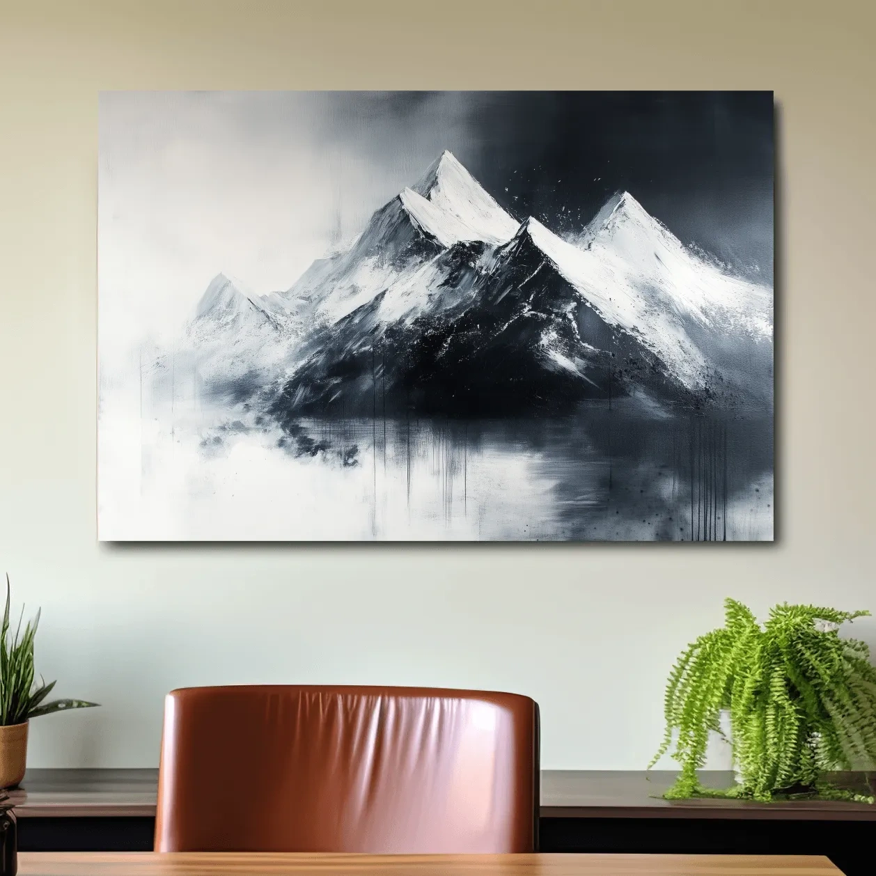 Modern wall art mountain painting, black and white glacier