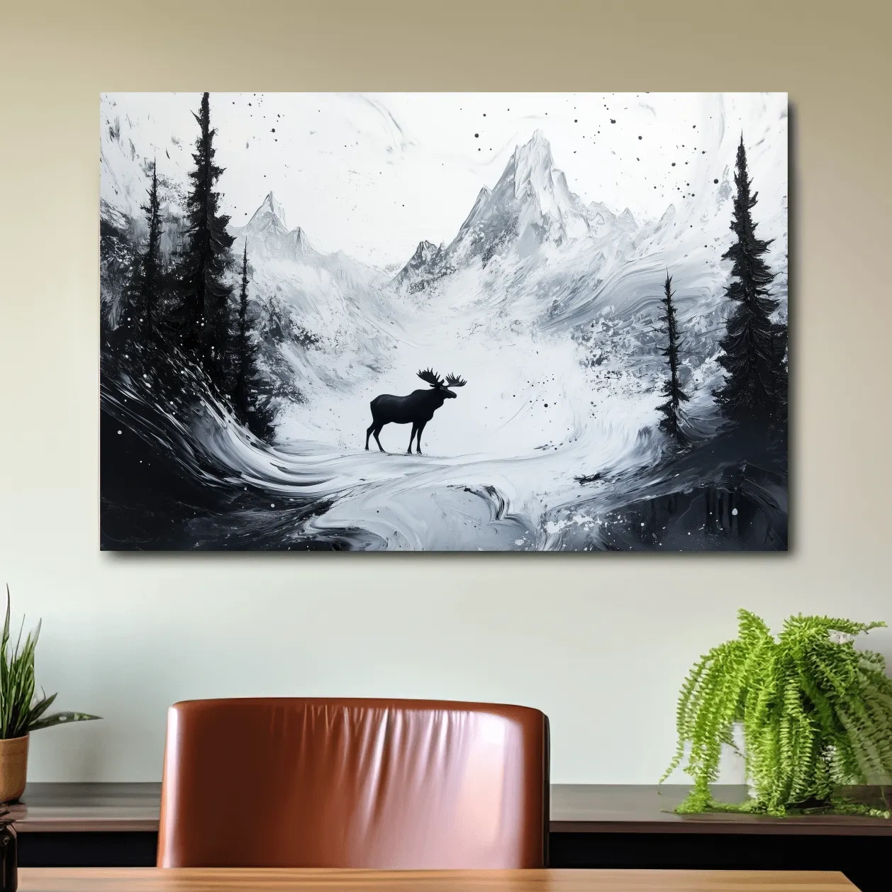 Moose in the alpine meadows, abstract black & white painting