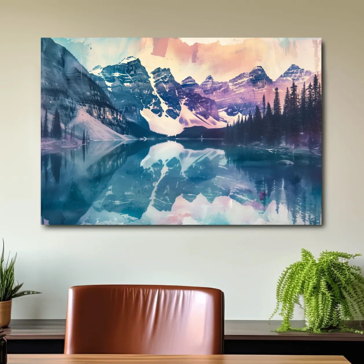 Valley of the Ten Peaks, Moraine Lake Banff. Watercolour painting postcard style mountain artwork