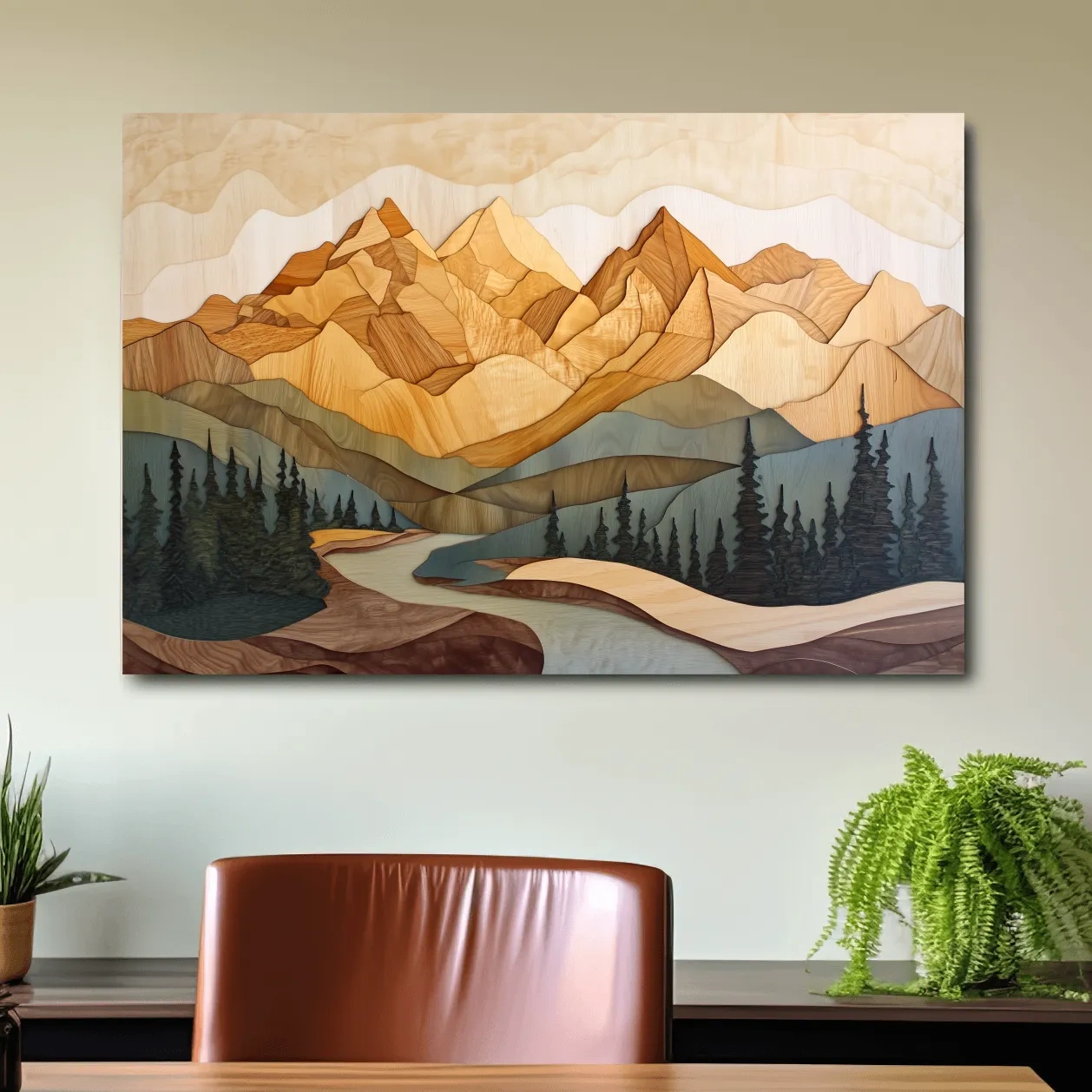 Alpine forest mountain artwork, 3d layered wood intarsia style art