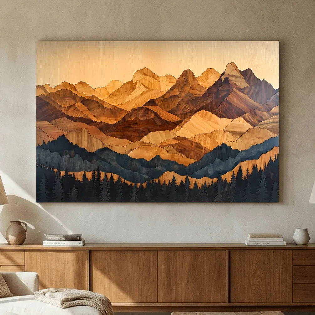Layered Woodcut Intarsia Mountain Range Landscape - Peaks And Pine Forest Wall Art