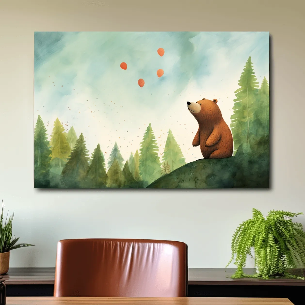 Whimsical Watercolor Bear Watching Balloons - Cute Nursery Forest Wall Art