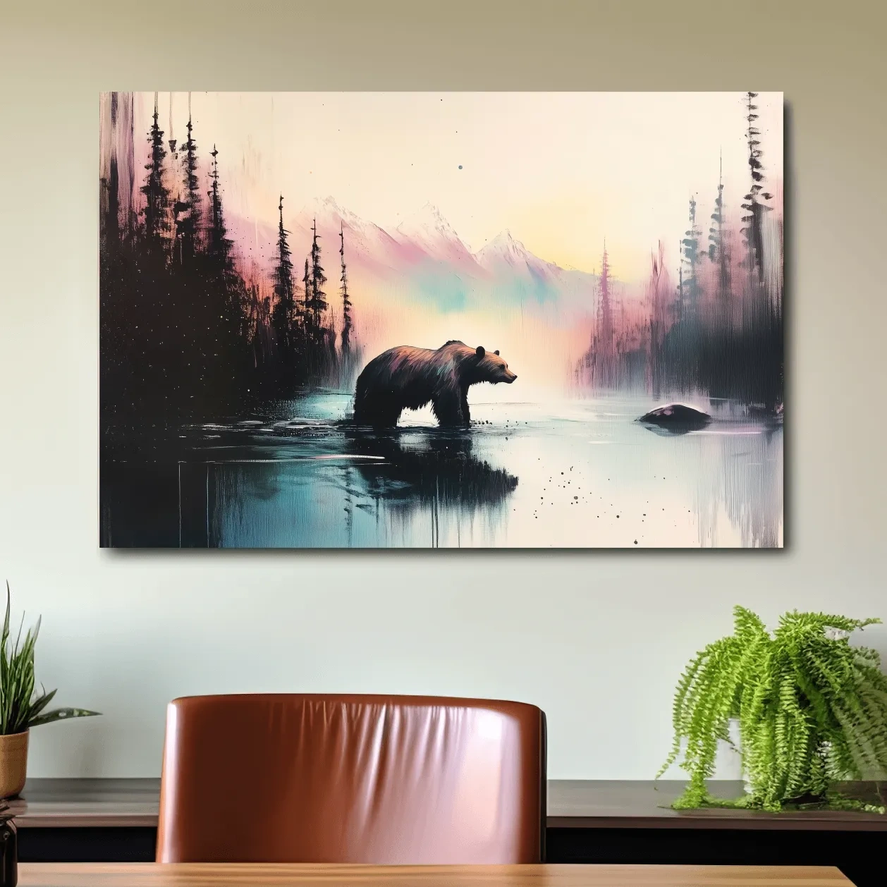 Vibrant textured wallart painting, a grizzly bear in a river