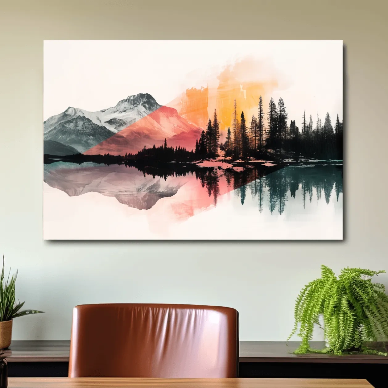 Modern abstract mountain wall artwork painting, glacial lake and forest, vibrant textured style