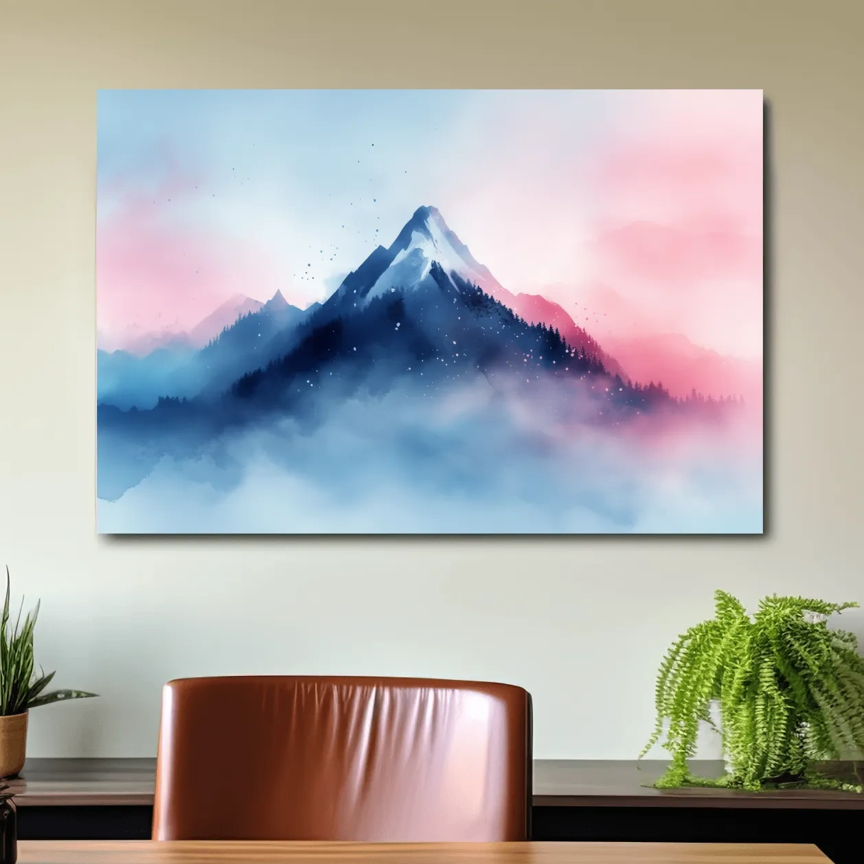 Misty Pastel Watercolor Mountain Peak - Dreamy Alpine Landscape Wall Art