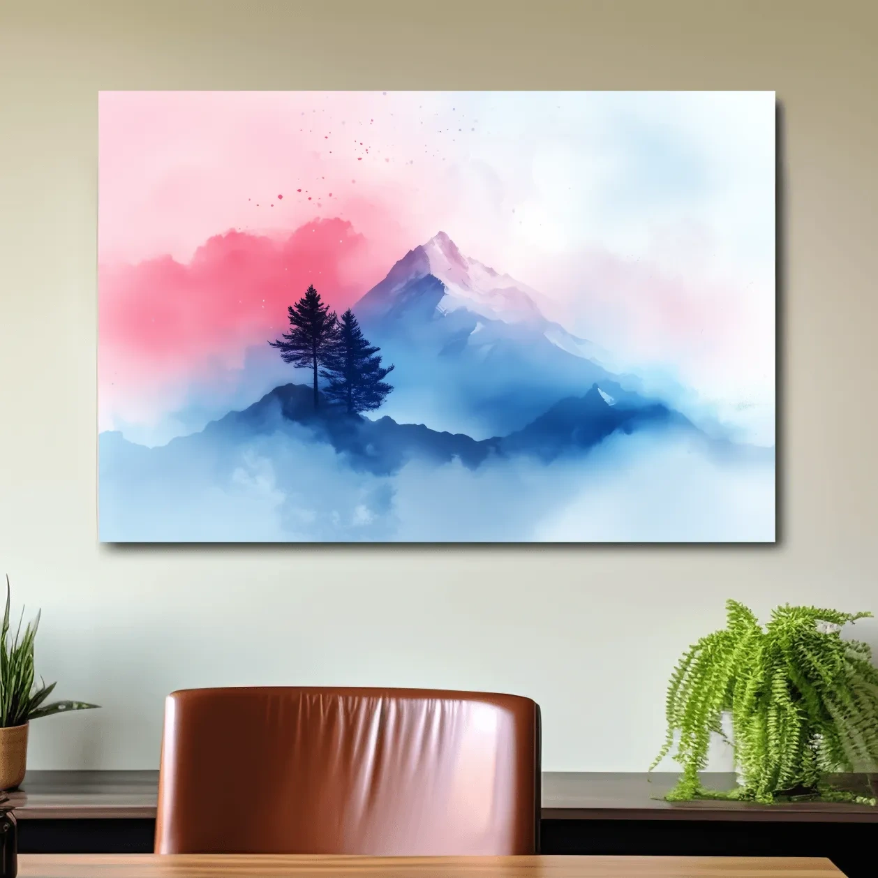 Serene mountain art painting, snowy glacier peaks, alpine trees and pastel clouds