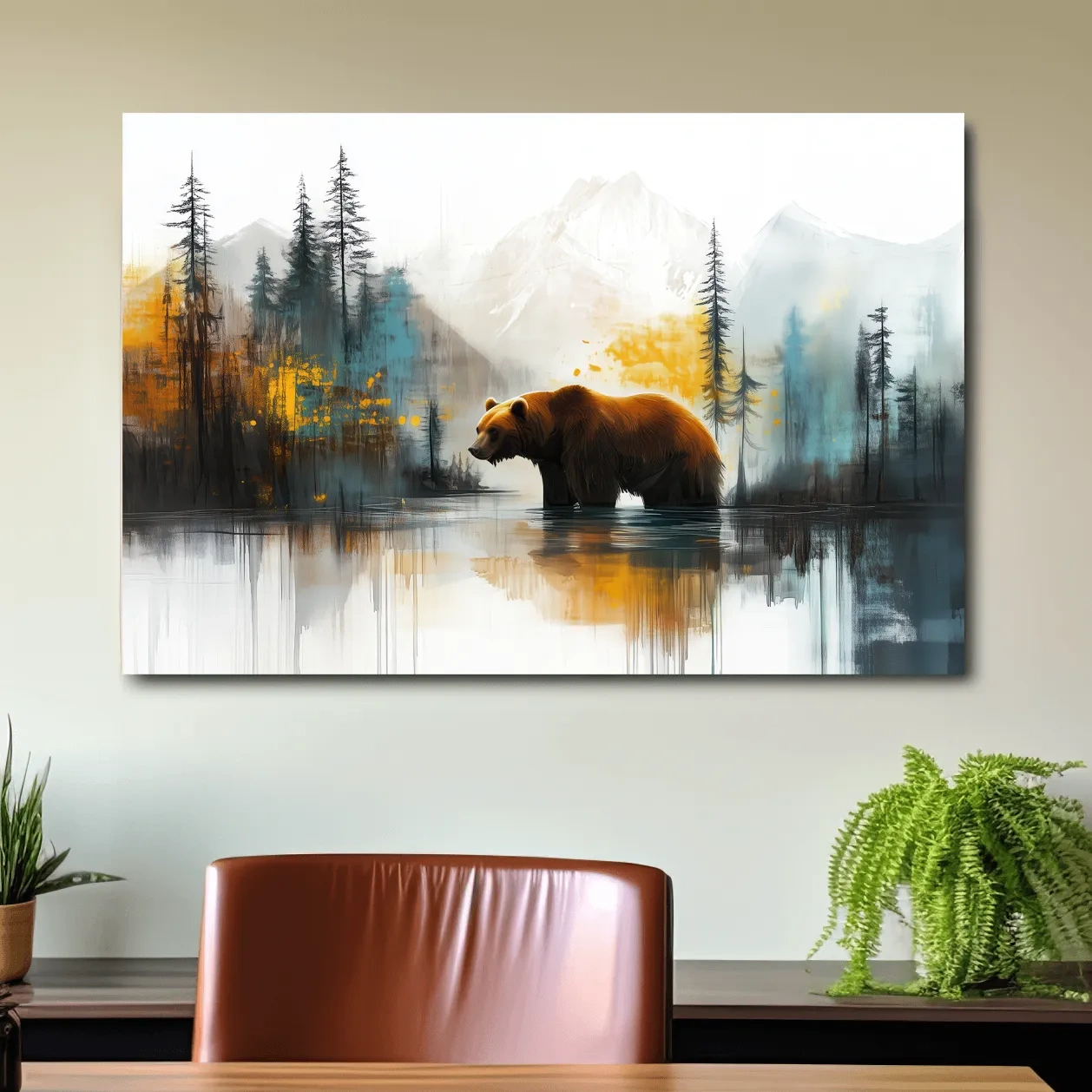 Grizzly bear textured wall art, colorful abstract painting artwork