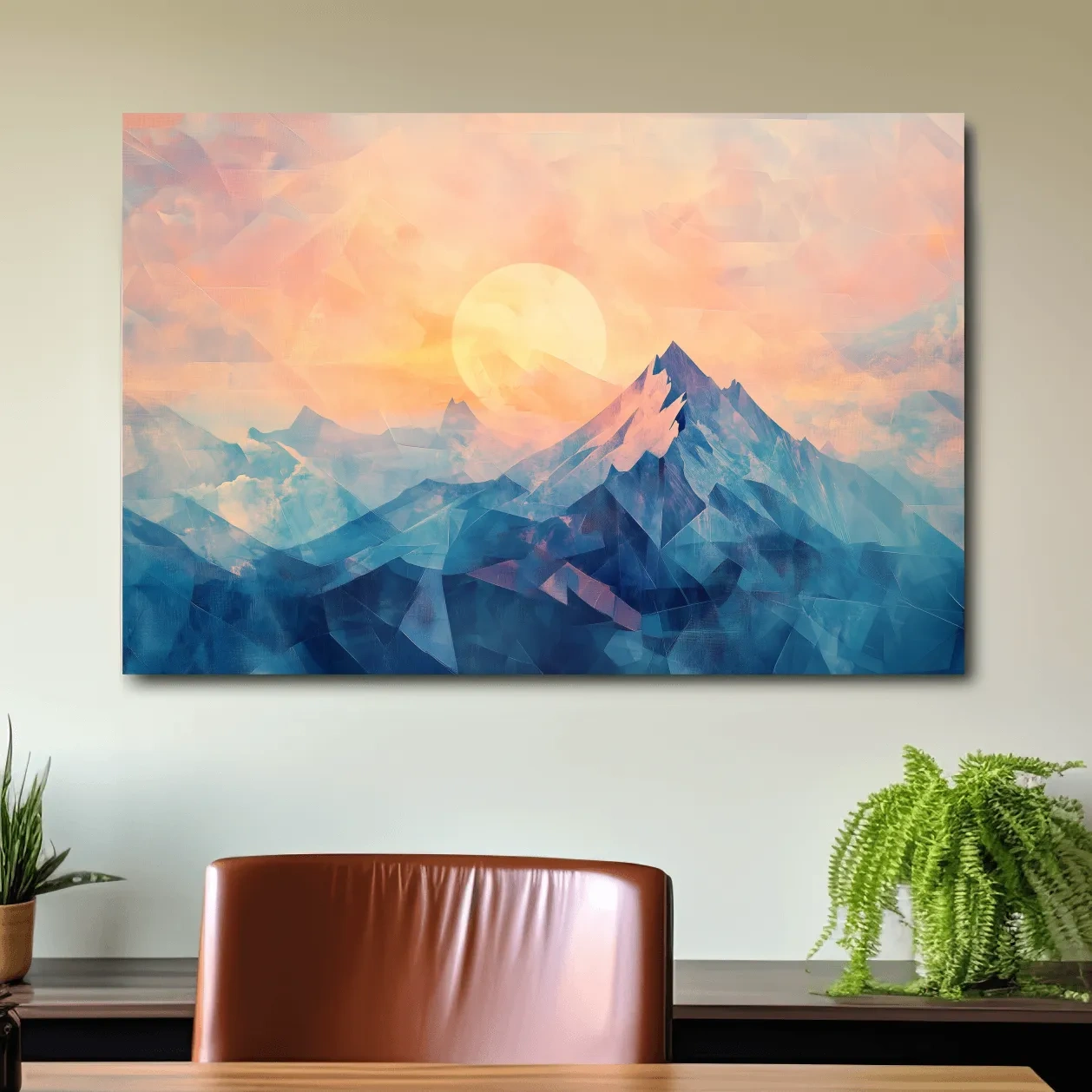 Sunset mountain wall art, geometric fragmented mosaic effect, textured art finish