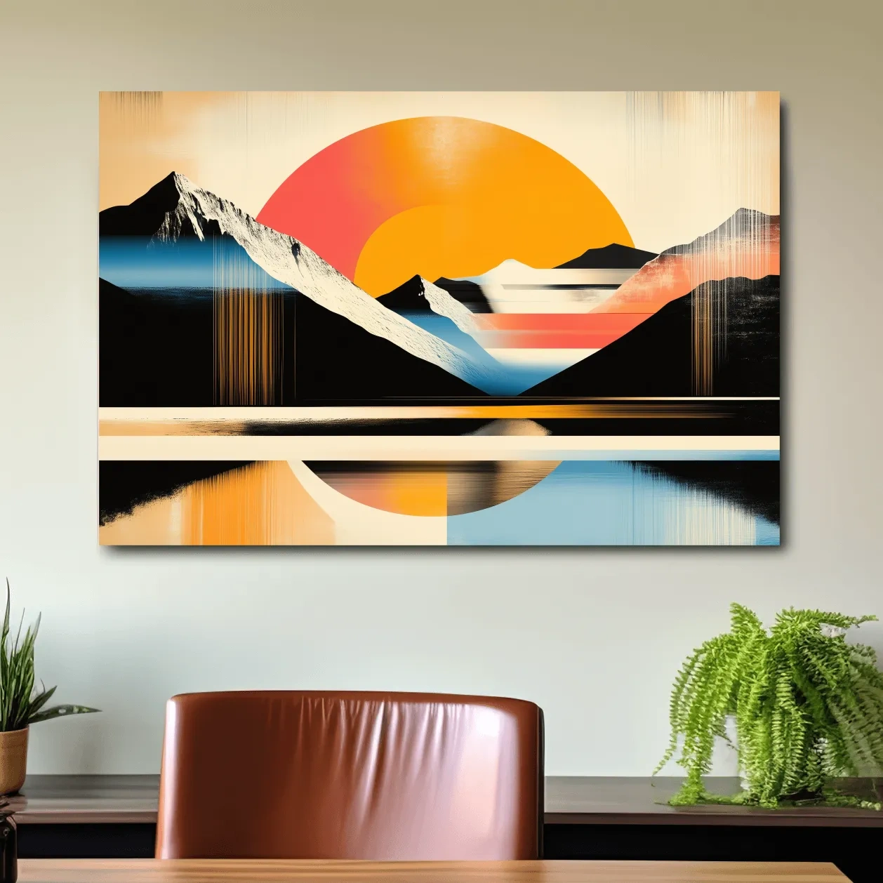 Abstract alpine mountain wall art, bold retro geometric landscape with vibrant colors