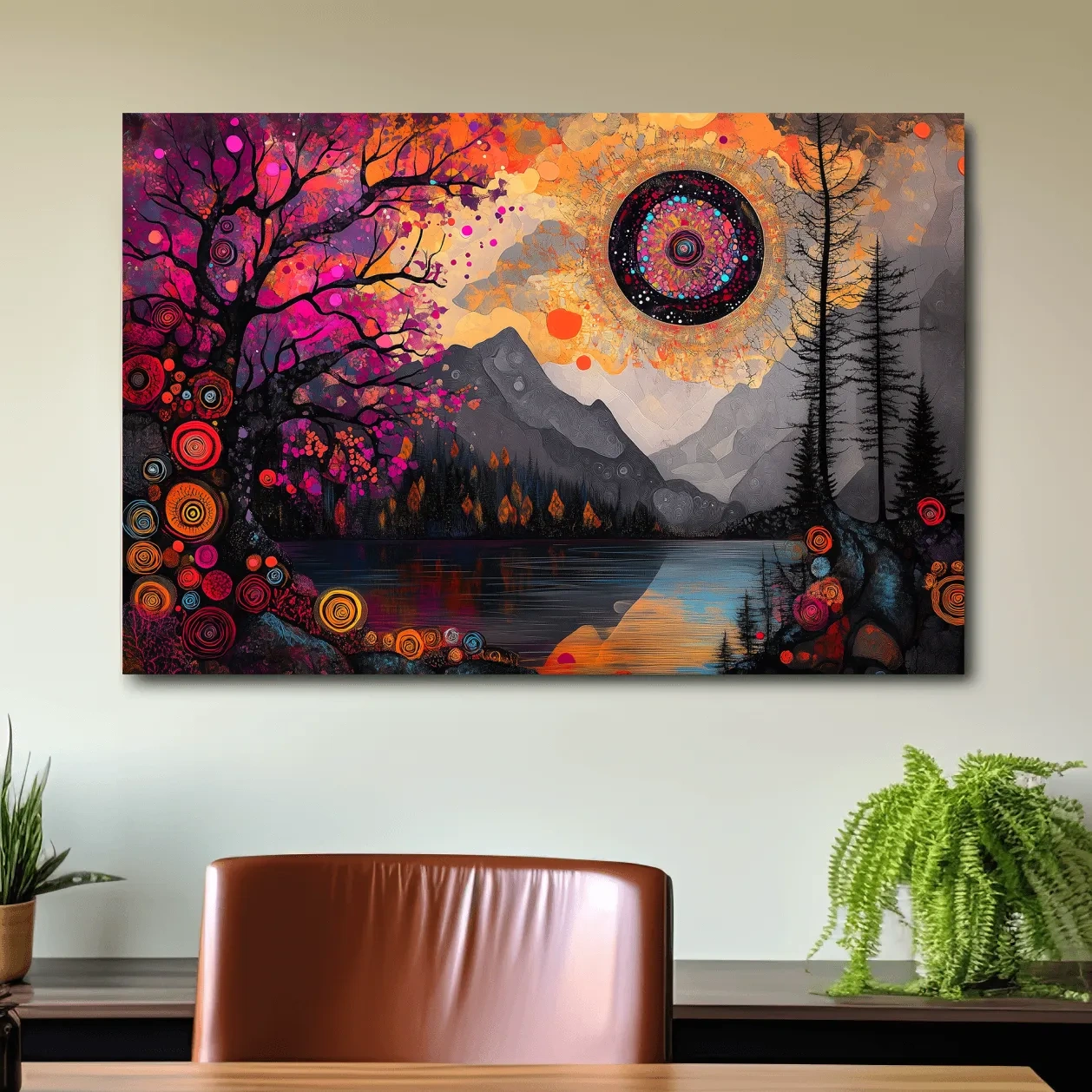 Trippy and surreal abstract mountain landscape at sunset, intricate textured patterns, vibrant colors, cosmic style