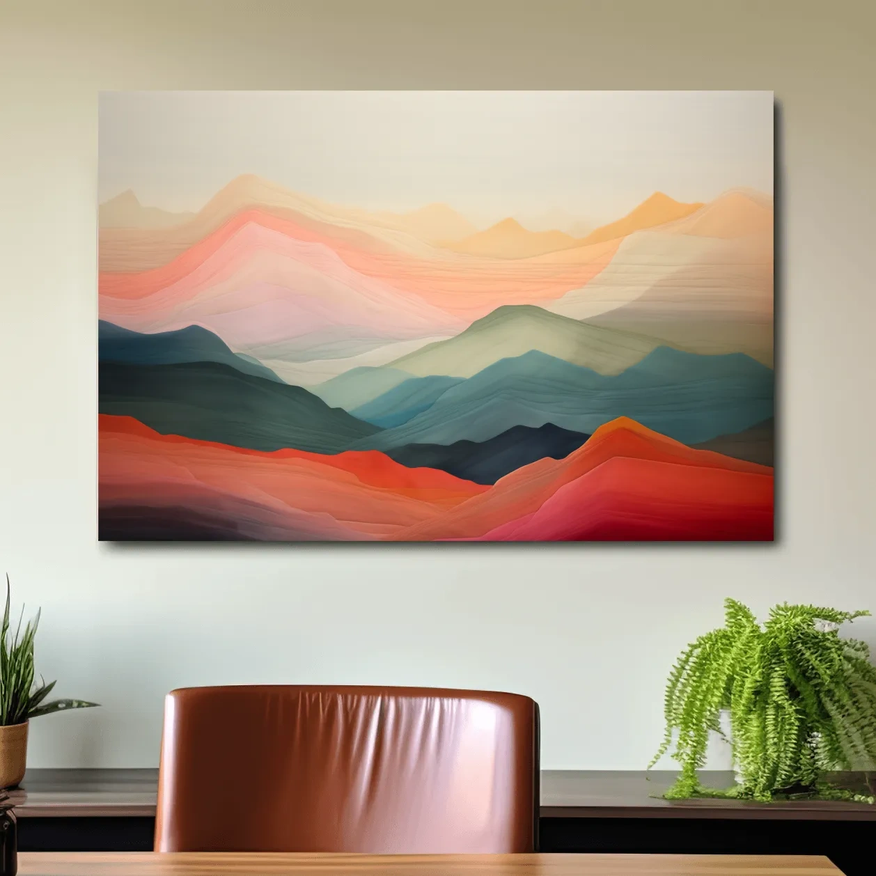 Dreamy pastel mountain landscape artwork, layered gradient painting effect