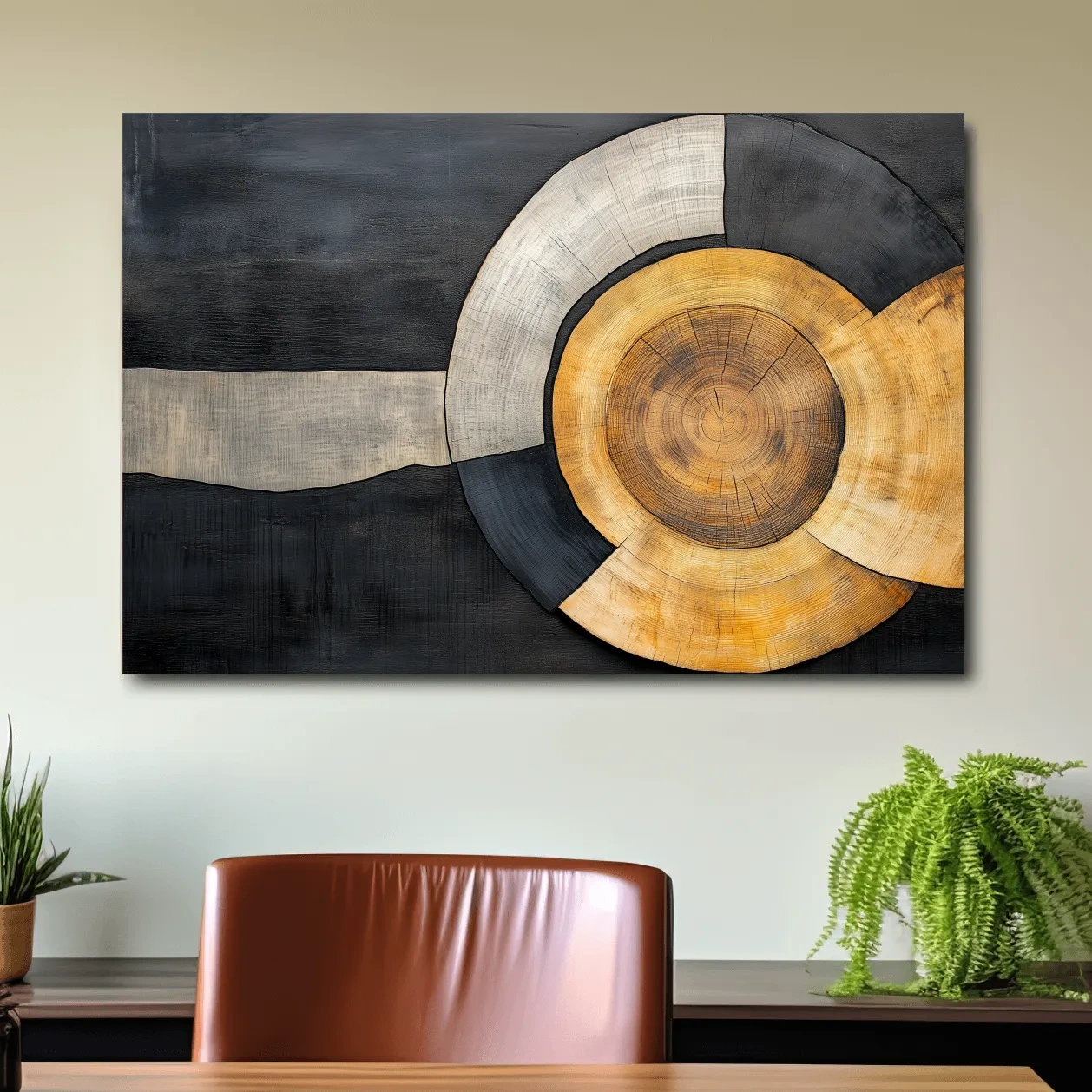 Wood grain cut log modern wall art, circular concentric design with earthy tones
