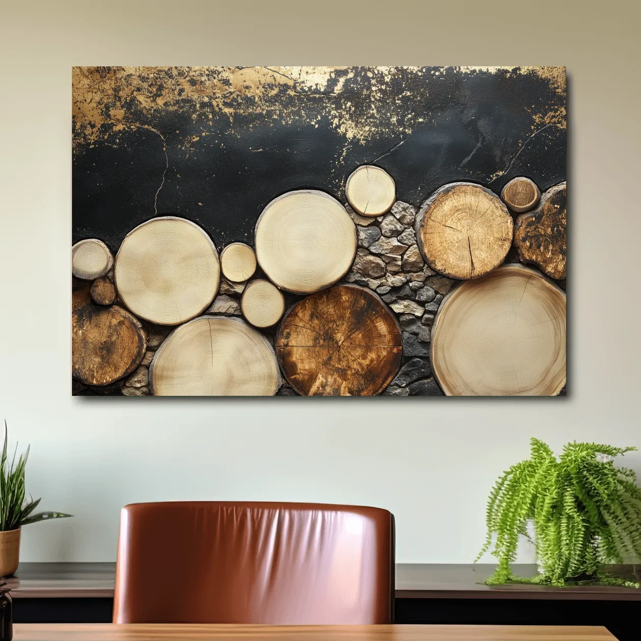 Rustic wood and stone wall art, textured effect natural elements artwork