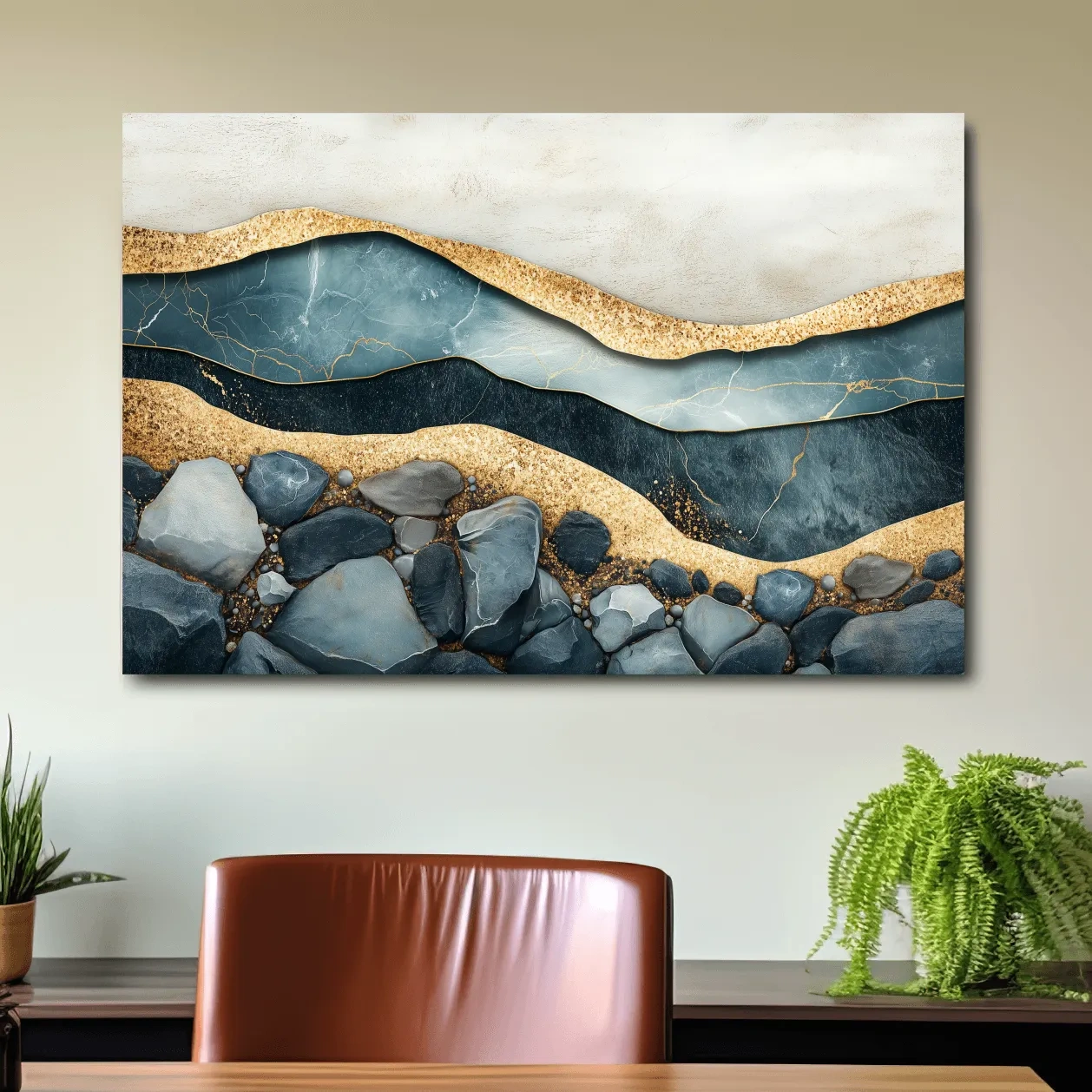 Luxury Teal Gold Marble Geode Layers - Modern River Rock Wall Art