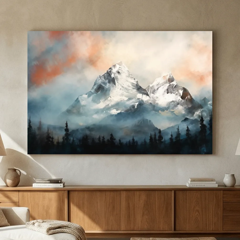 Misty Snowcapped Mountain Peaks Painting - Alpine Sunset Wall Art