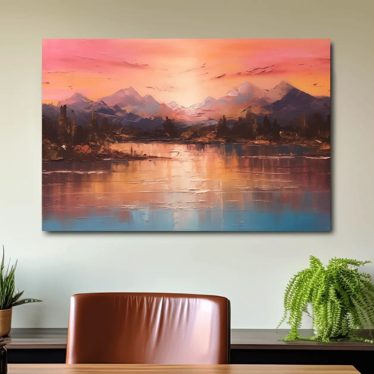 Sunset mountain lakeside painting, textured effect oil painting wall art print