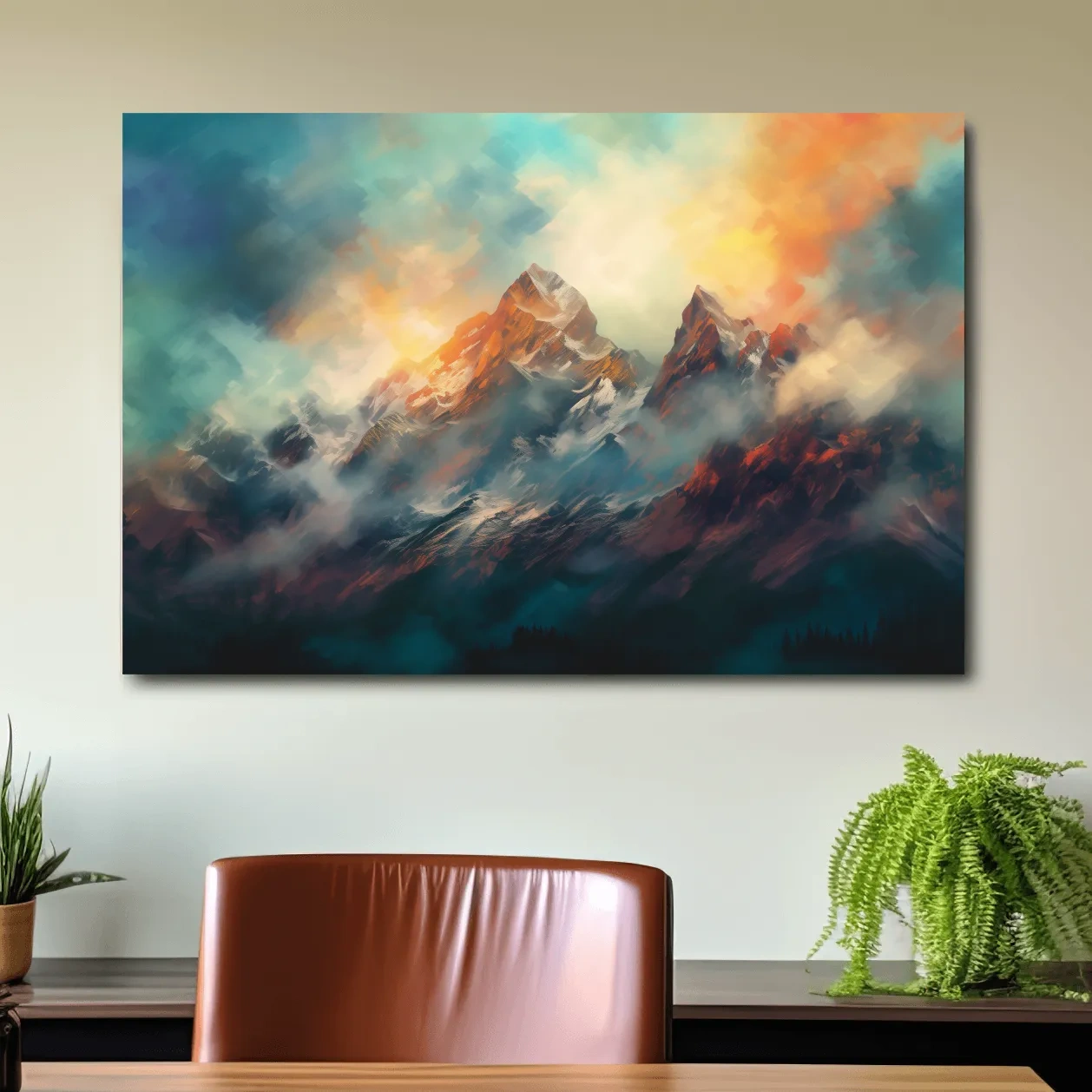 Colorful mountain sunrise artwork, peaks in the mist