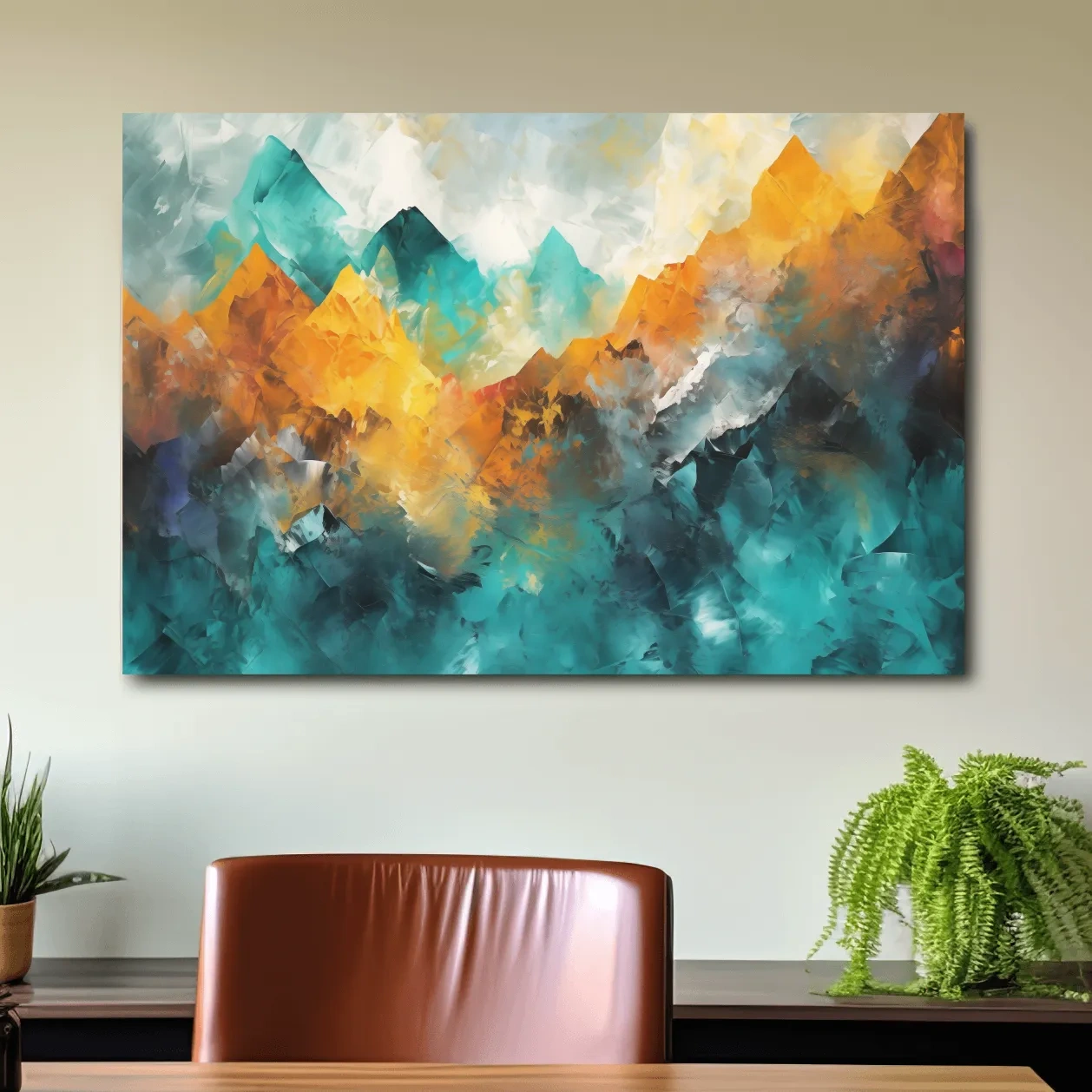 Abstract mountain painting, vibrant colorful wall art