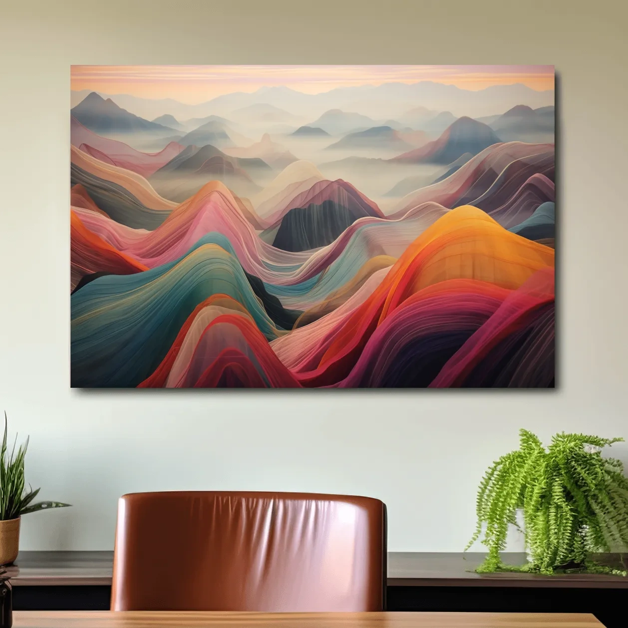 Colorful abstract mountain wall art, layered flowing waves effect