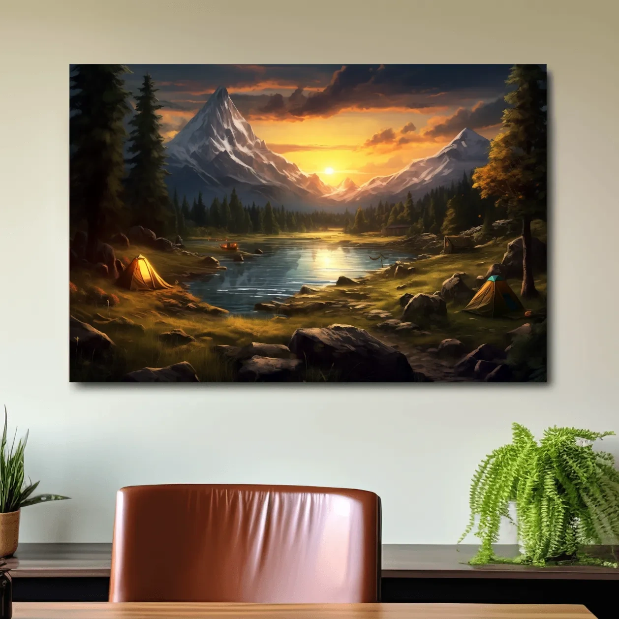 Painting of an alpine campsite by a lake at sunset, serene wall artwork