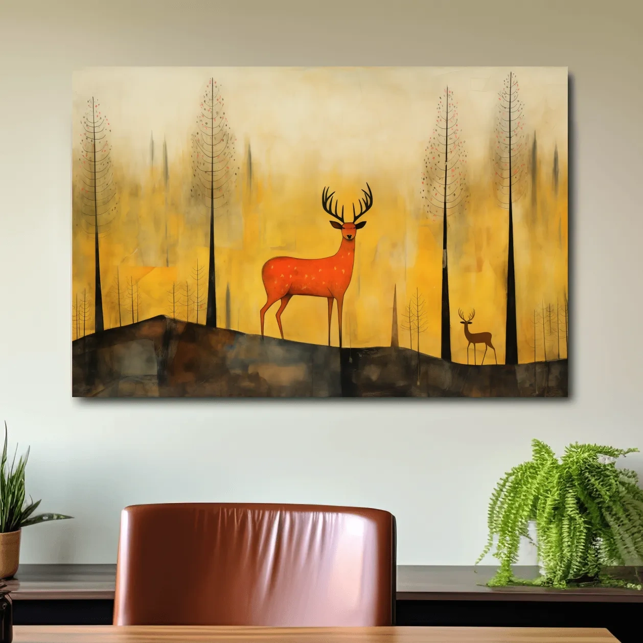 Whimsical Deer In Autumn Forest - Golden Woodland Landscape Wall Art