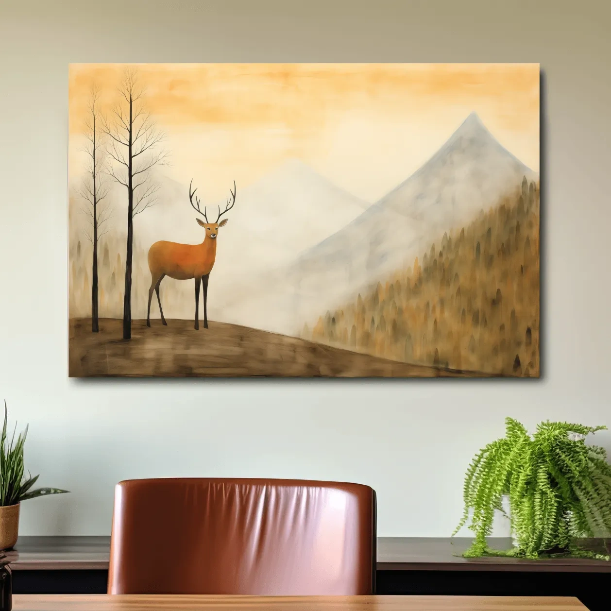 Deer standing in mountain mist, serene landscape wall artwork