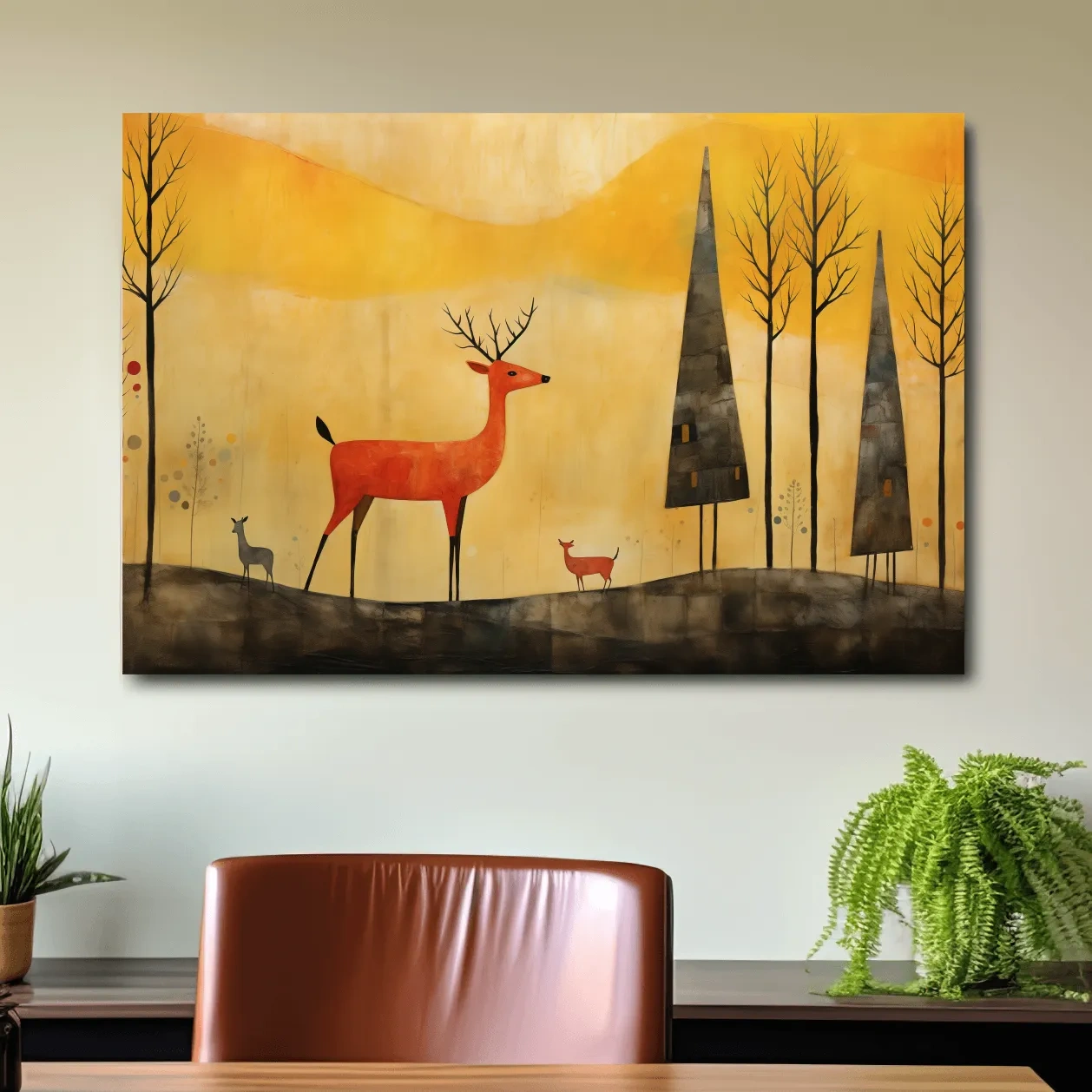 Whimsical Deer Forest Illustration - Autumn Woodland Landscape Wall Art