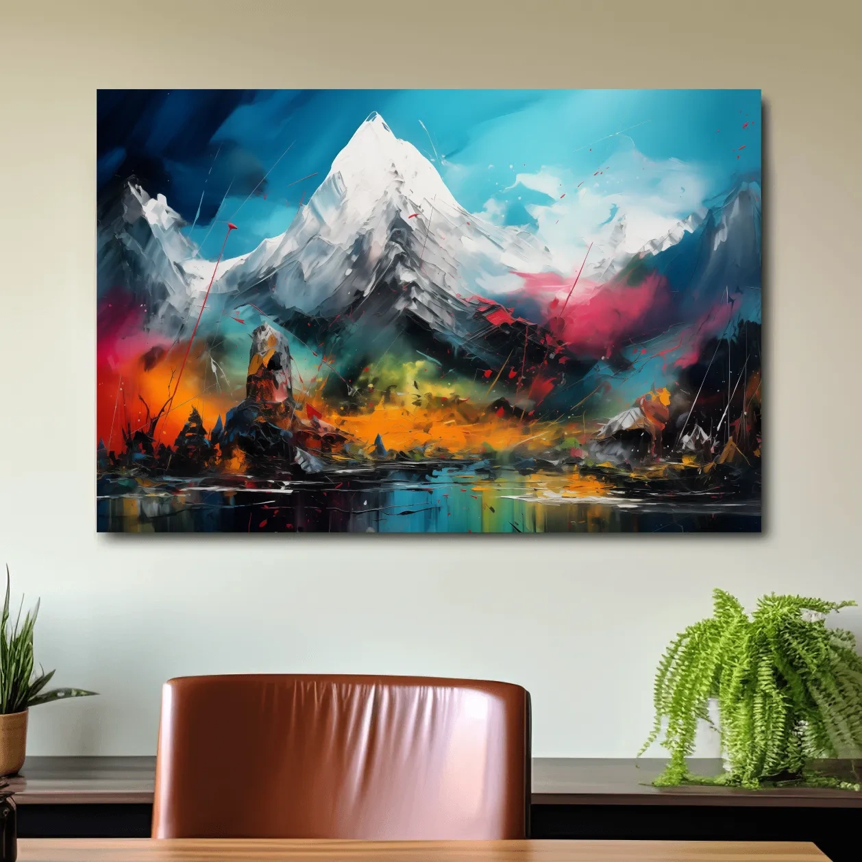 Abstract vibrant mountain wall art, impasto painting effect