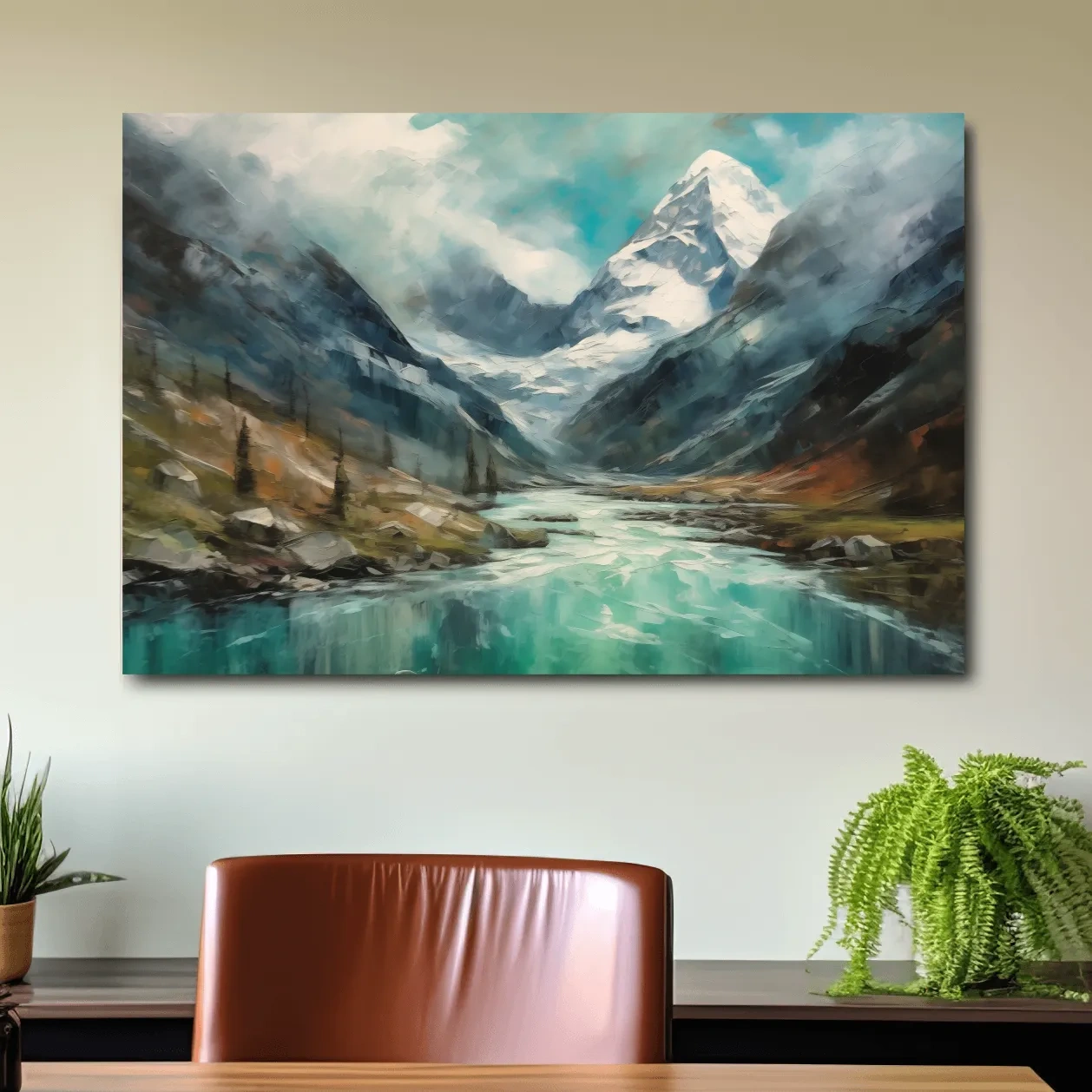 Impressionist style painting of alpine meadows, glacier and lake