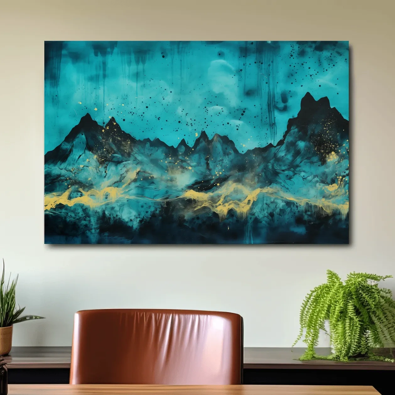 Mystical turquoise mountain wall art, abstract night sky with gold accents