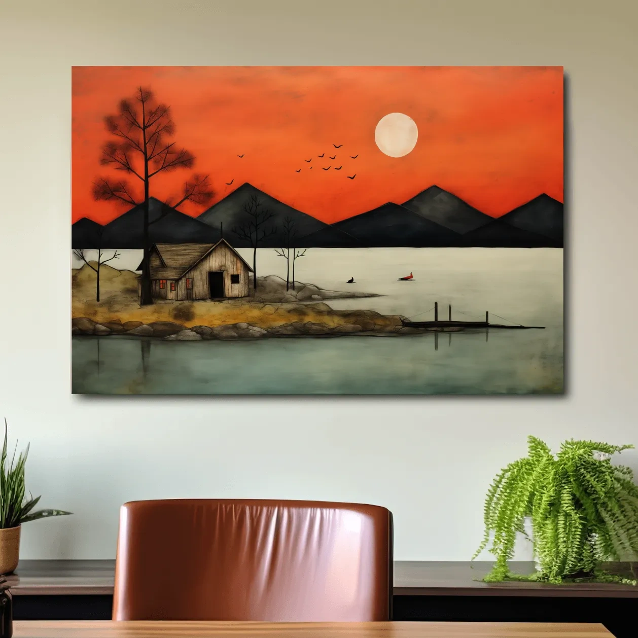 Rustic lakeside cabin art at sunset, textured effect wall art painting