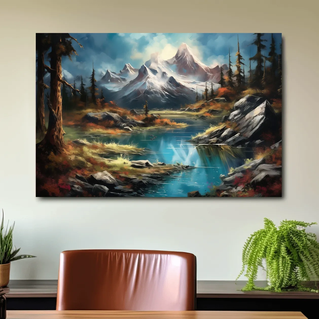 Serene alpine lake and snow-capped mountains wall artwork, vibrant scenic painting